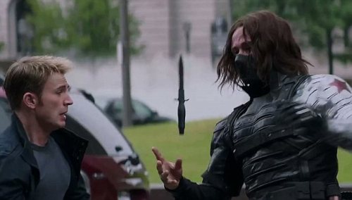 Winter Soldier lends Captain America his knife, because that's what good friends do for each other.